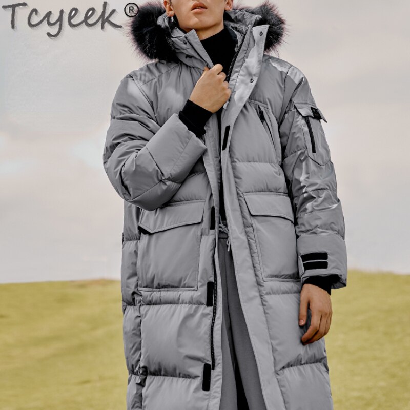 Tcyeek-캐주얼 모피 칼라 겨울 패딩 재킷 남성용, 화이트 덕 다운 롱 후드 코트, 남성 의류